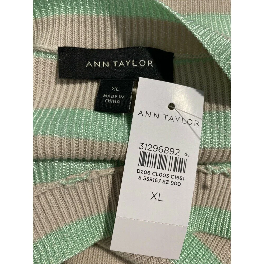NWT‎ Ann Taylor Sweater XL Mint Green Beige Stripe Long Sl Side Slits Ribbed